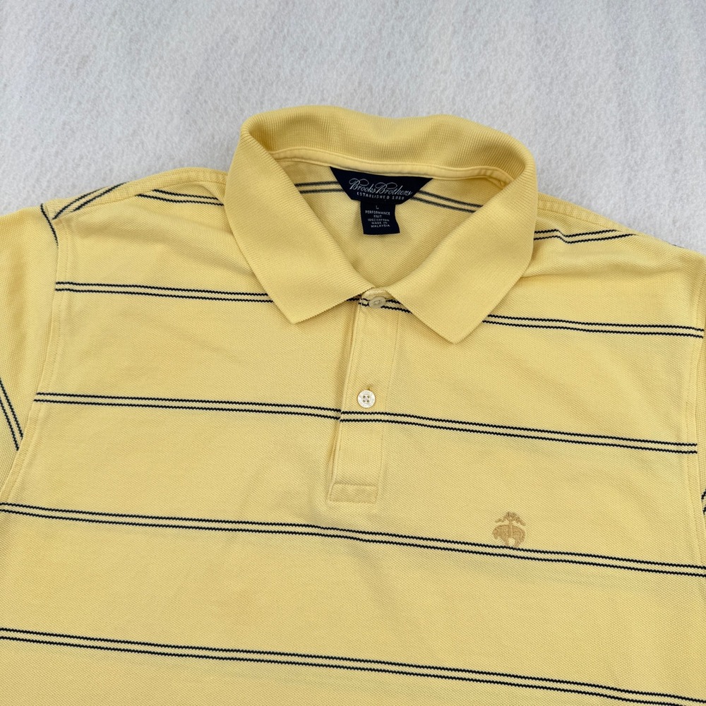 Brooks Brothers Mens L Performance Knit Cotton Polo Yellow/Navy Striped Preppy